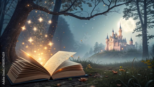 Enchanted Book and Glowing Castle in a Mystical Fairytale Forest V4