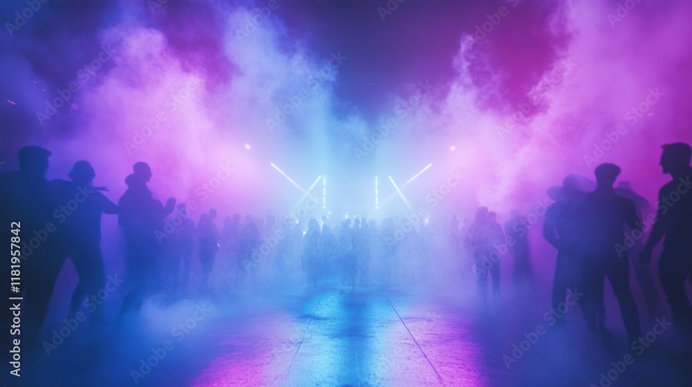 Fototapeta premium Neon-lit crowd dancing outdoors, smoky atmosphere, night event