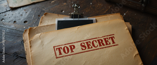 Vintage top secret file on rustic wooden desk with red stamp, black photo, and retro confidential aesthetic