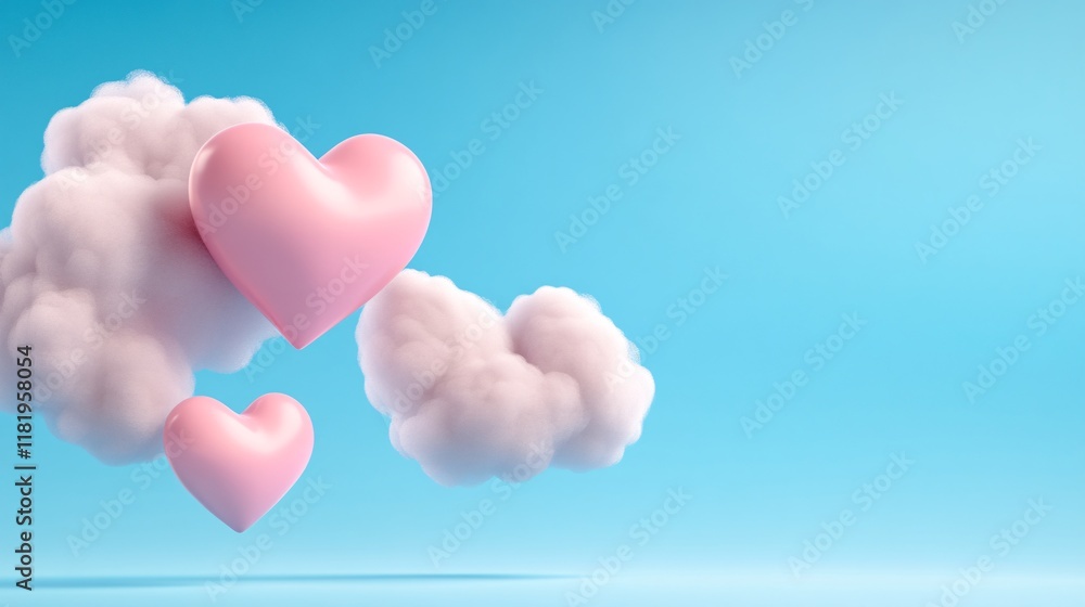 Pink Hearts Floating on Clouds Against a Blue Background Pink Hearts Floating on Clouds Against a Blue Background