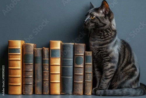 Black cat sitting by business books on light grey background symbolizing curiosity and knowledge