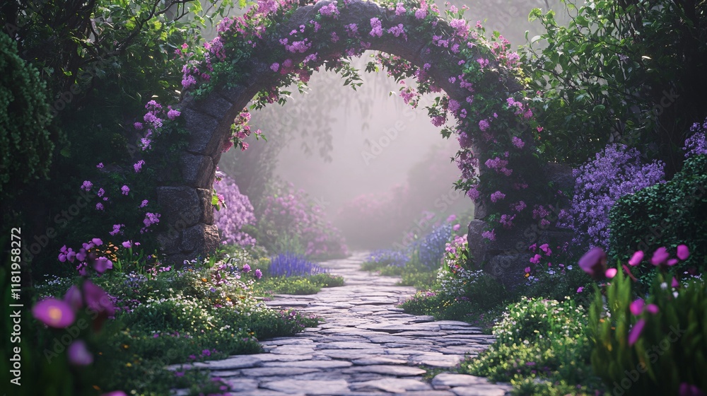 Fototapeta premium Enchanting Garden Archway Covered with Vibrant Roses and Illuminated by Warm Sunrise Light, Creating a Magical and Serene Pathway into a Dreamlike Natural Wonderland