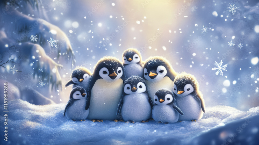 Fototapeta premium charming group of penguins huddling together in snowy landscape, radiating warmth and joy amidst frosty environment. Their playful expressions create delightful winter scene