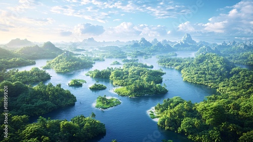 Stunning Aerial View of Lush Tropical Islands and Meandering Rivers Under a Bright Blue Sky, Surrounded by Verdant Greenery, Mountains, and Sparkling Waters in Paradise photo