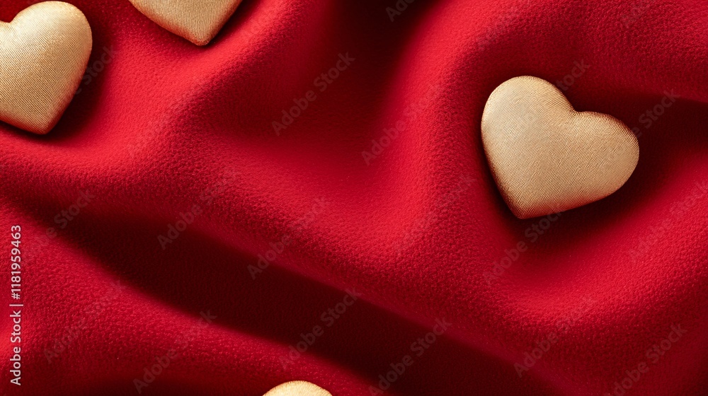 Fototapeta premium Golden Hearts on Red Fabric Background for Romantic Themes