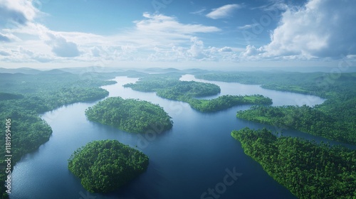 Stunning Aerial View of Lush Tropical Islands and Meandering Rivers Under a Bright Blue Sky, Surrounded by Verdant Greenery, Mountains, and Sparkling Waters in Paradise photo