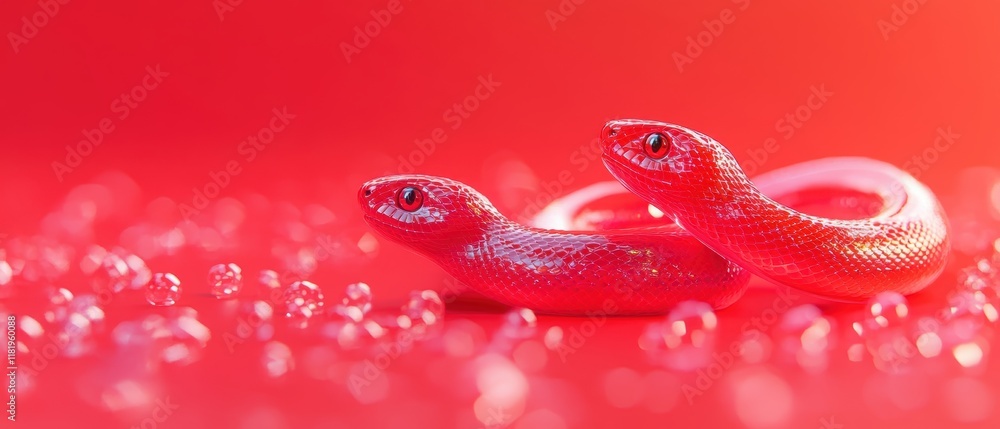 Obraz premium High-fidelity imagery of two small snakes on a bright red studio setting