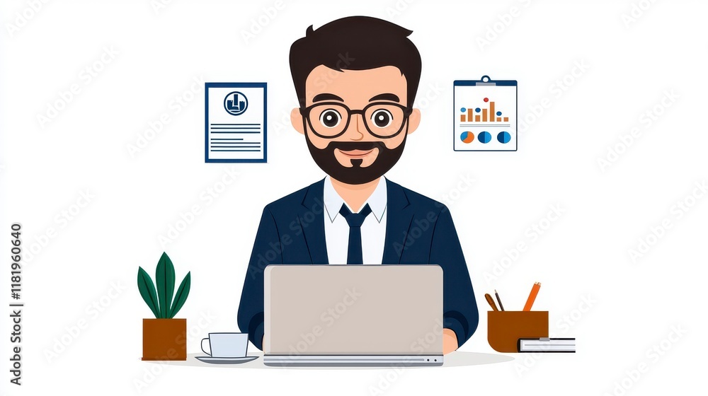 Young Professional Working on Laptop with Business Charts and Plants Young Professional Working on Laptop with Business Charts and Plants