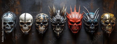 Seven decorative skull masks on dark background. photo