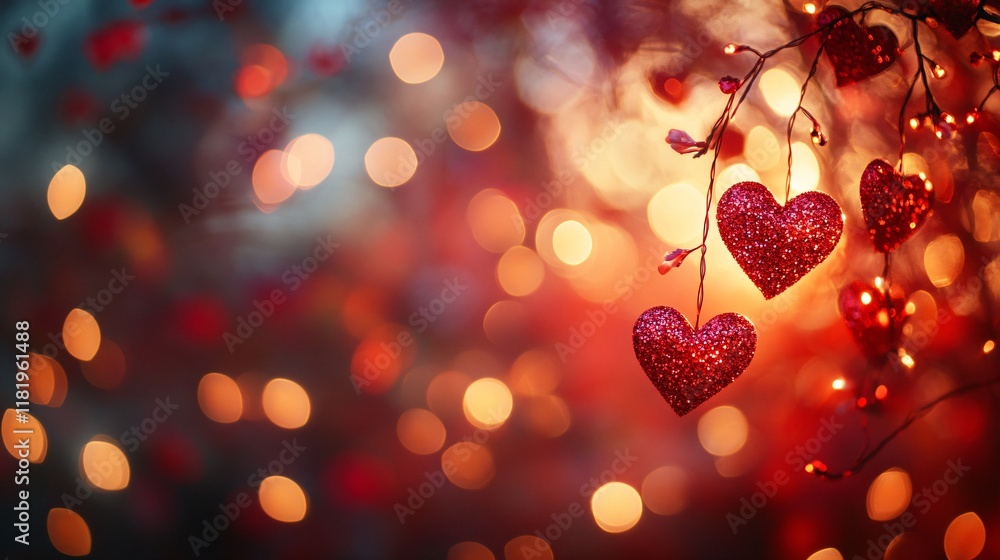 Sparkling Hearts Hanging with Dreamy Bokeh Background Effect Sparkling Hearts Hanging with Dreamy Bokeh Background Effect