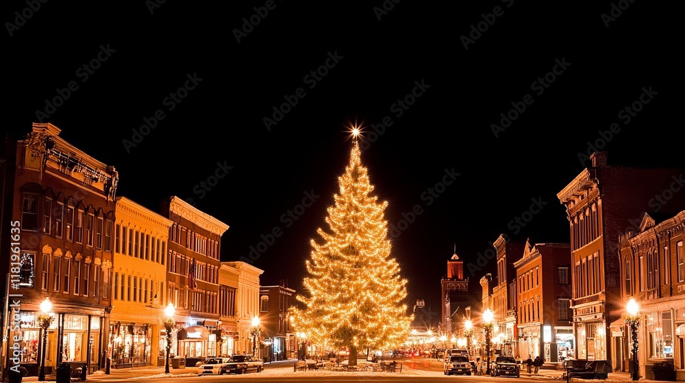 Obraz premium Festive Night Scene Illuminated Town Square Christmas Tree