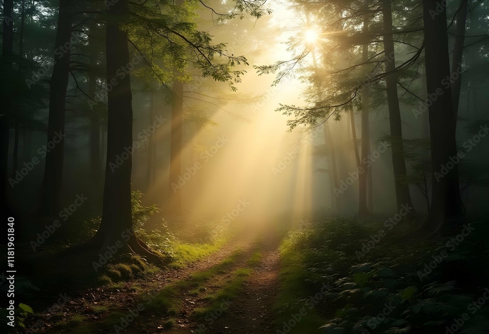 Obraz premium Sunlight filtering through a forest with mist.