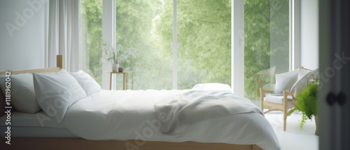 A wide-angle shot of a modern bedroom featuring a sleek LED-lit headboard