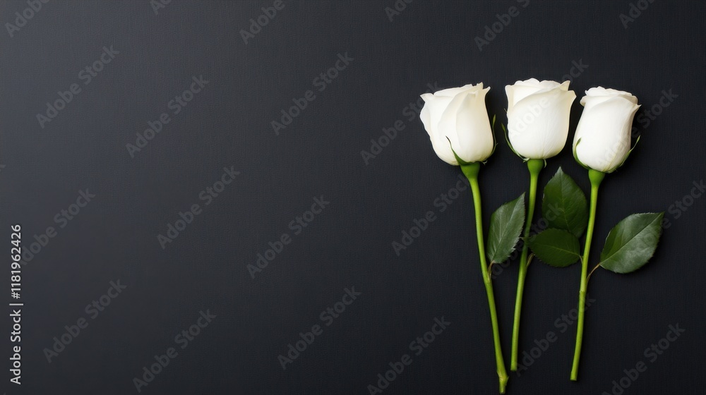Fototapeta premium Three Elegant White Roses with Green Leaves on a Dark Background for Floral and Nature Designs