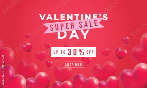 Valentines day super sale background with 3d red hearts blur effect design, vector illustration