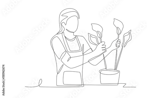 A flower seller is arranging flowers. Flower market concept one-line drawing
