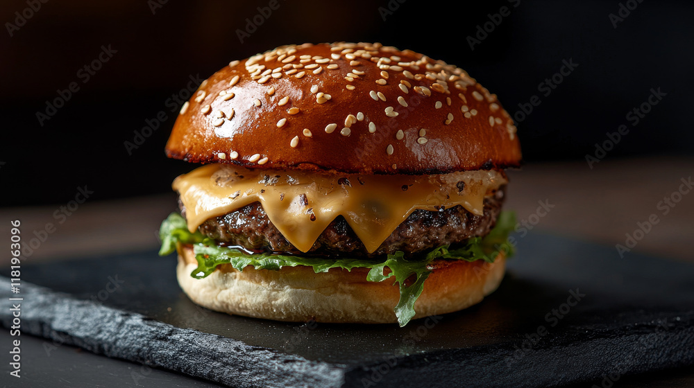 Burger or cheeseburger fast food icon. Vector hamburger sandwich with sesame bun, cheese and lettuce for fastfood restaurant or cafe snack or meal takeaway or delivery menu Burger or cheeseburger fast food icon. Vector hamburger sandwich with sesame bun, cheese and lettuce for fastfood restaurant or cafe snack or meal takeaway or delivery menu
