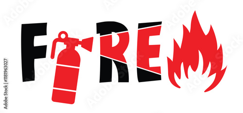 Cartoon slogon fire with fire extinguisher. Warning fire. Dangerous flame alarm. Sprinkler signal. Human beware emergency logo or icon. Fire, burn symbol. For fire alarm box, break glass, press here.