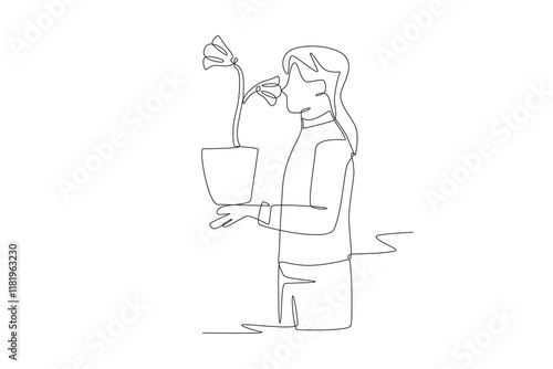 Flower seller woman holding flowers. Flower market concept one-line drawing