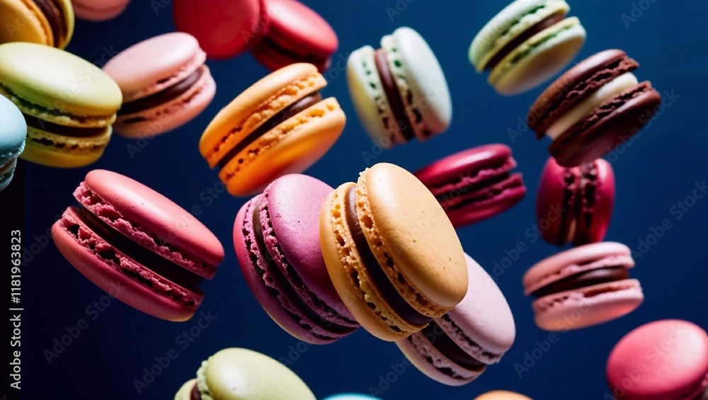 A delightful display of macarons in various colors and flavors appears to float against a dark backdrop, creating a whimsical effect A delightful display of macarons in various colors and flavors appears to float against a dark backdrop, creating a whimsical effect