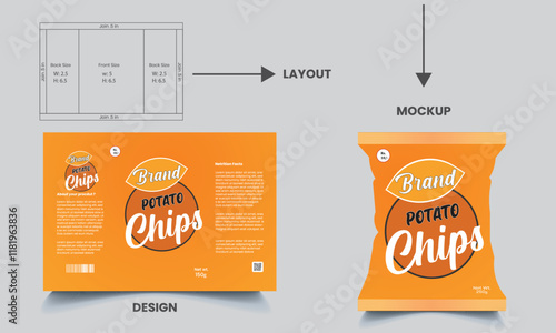 potato chips packaging template design, vector illustrations with mockup, crispy ripple potato chips,