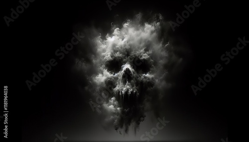 A skull-shaped cloud of smoke against a dark background, creating a haunting and eerie visual effect.
