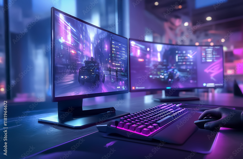 A stylish gaming setup with dual curved monitors displaying a cyberpunk cityscape. Vibrant RGB keyboard and mouse complement the dark, ambient-lit environment for an immersive experience. A stylish gaming setup with dual curved monitors displaying a cyberpunk cityscape. Vibrant RGB keyboard and mouse complement the dark, ambient-lit environment for an immersive experience.