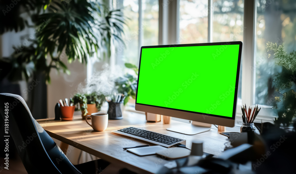 Fototapeta premium An elegant home office setup with a sleek desk, a monitor with a green screen, surrounded by greenery and bathed in warm morning sunlight.