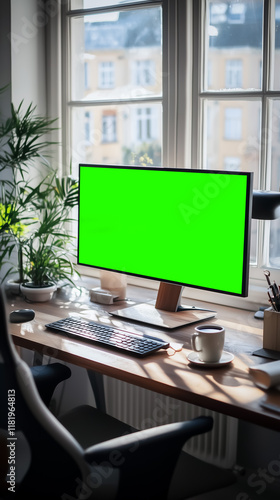 Wallpaper Mural A modern office space featuring a large desk with a wooden finish, natural light streaming through windows, and green plants for decor. Torontodigital.ca