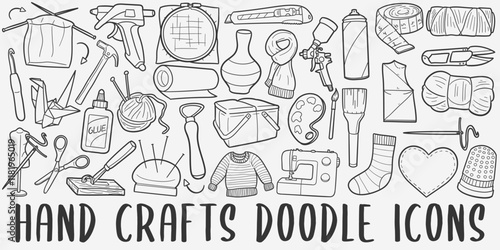 Handcrafts Doodle Icons. Hand Made Line Art. Crafting Tools Clipart Logotype Symbol Design.