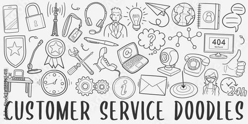 Customer Service Doodle Icons. Hand Made Line Art. Support Clipart Logotype Symbol Design.