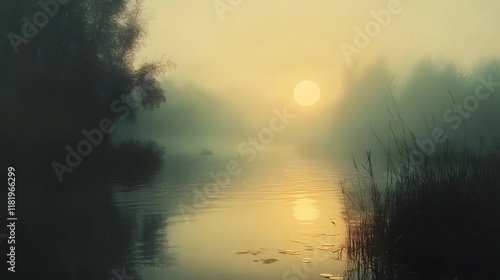 Hazy glow blending cinematic tones with textures in a serene and tranquil lakeside landscape creating a dreamlike mysterious atmosphere with a sense of calm and natural beauty