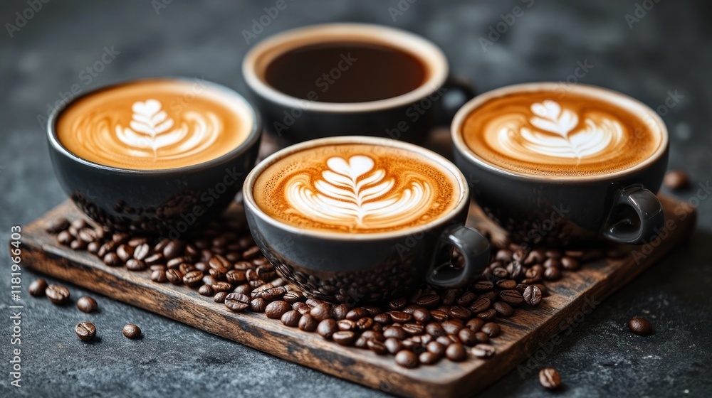 Four cups of coffee with latte art on a wooden board surrounded by coffee beans. Four cups of coffee with latte art on a wooden board surrounded by coffee beans.