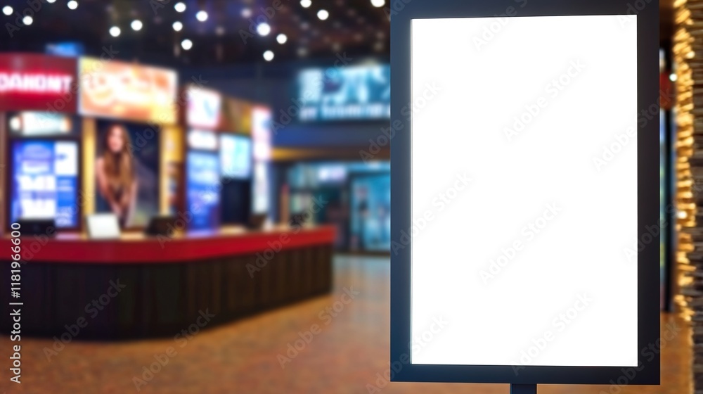 blank showcase billboard or advertising light box for your text message or media content with blurred image of ticket sales counter at movie theater, advertisement, marketing, entertainment concept blank showcase billboard or advertising light box for your text message or media content with blurred image of ticket sales counter at movie theater, advertisement, marketing, entertainment concept