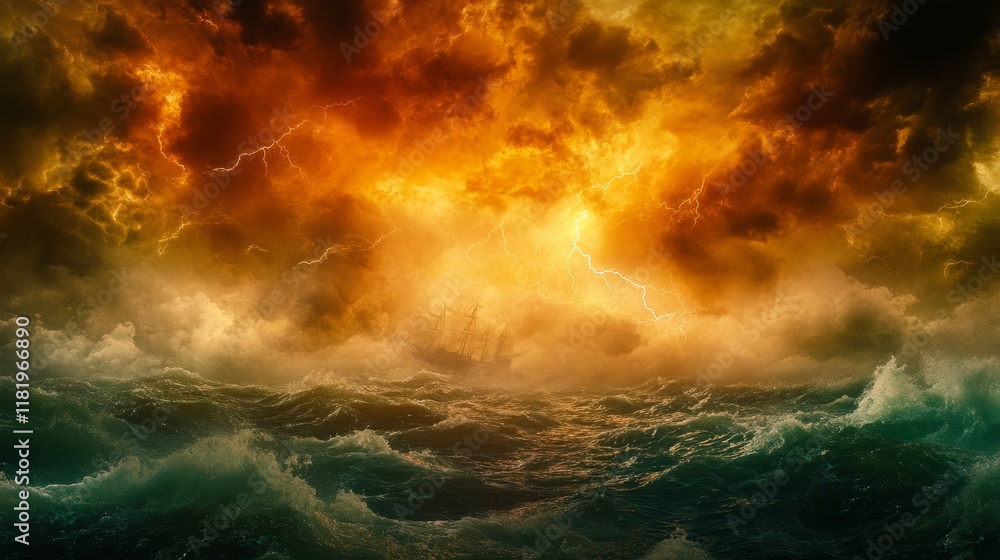 Fiery Tempestuous Seascape with Sailing Ship Fiery Tempestuous Seascape with Sailing Ship