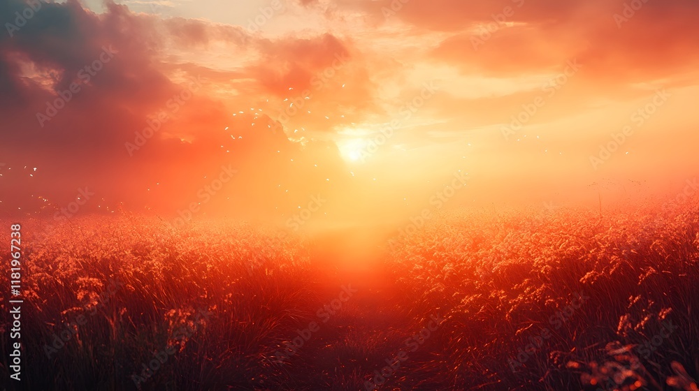 Fototapeta premium Striking cinematic sunset scene with a warm glowing haze over a serene meadow landscape Soft textural gradients blend seamlessly creating a atmosphere