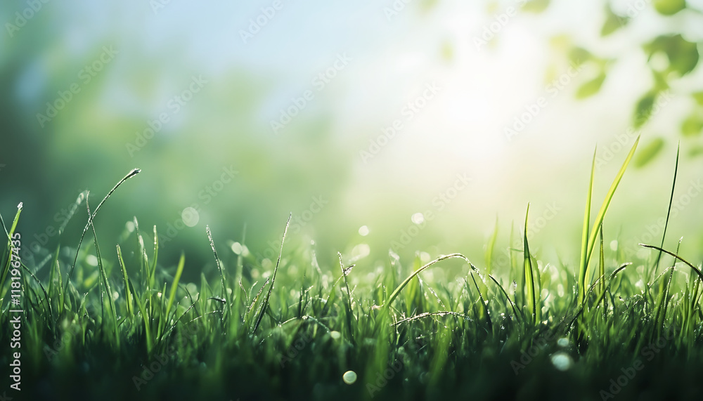 Dew Covered Grass Blades In Morning Sunlight Dew Covered Grass Blades In Morning Sunlight