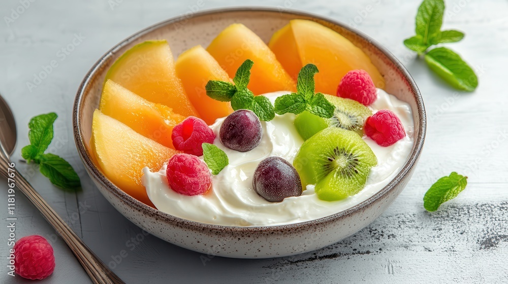 Plum and melon slices artistically arranged next to vanilla yogurt in a fresh breakfast scene Plum and melon slices artistically arranged next to vanilla yogurt in a fresh breakfast scene