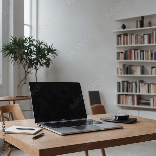 A sleek laptop rests on a modern desk, showcasing a minimalist and professional setup. The desk's clean lines and smooth surface complement the laptop's slim design, creating an elegant workspace perf photo