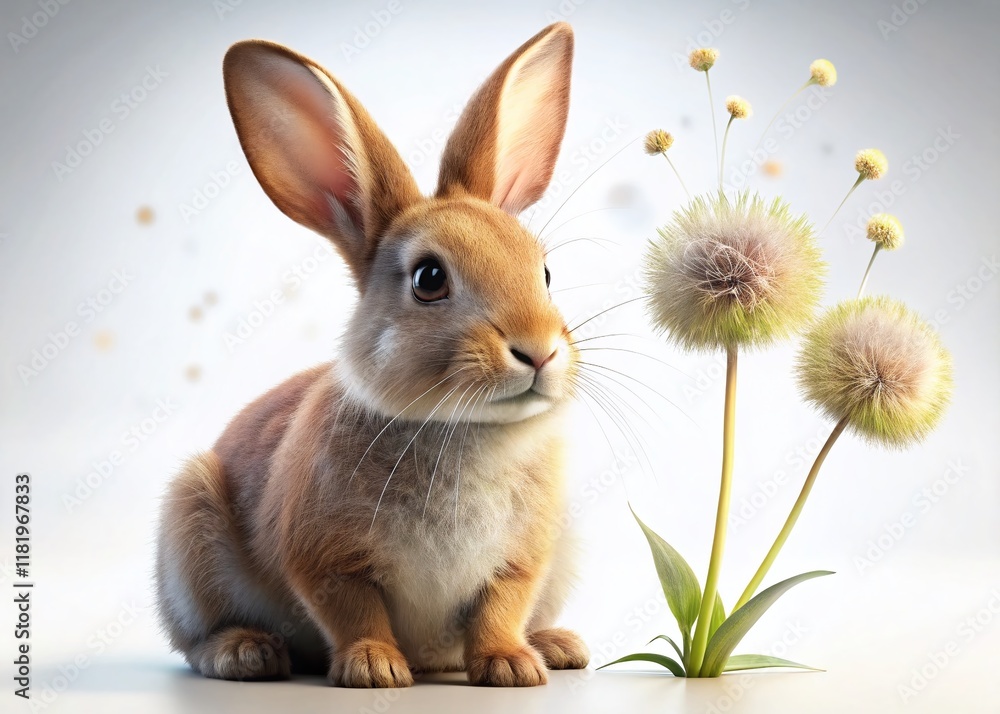 Obraz premium Playful 3D Rabbit with Floppy Ears and Dandelion - Whimsical Low Light Stock Photo