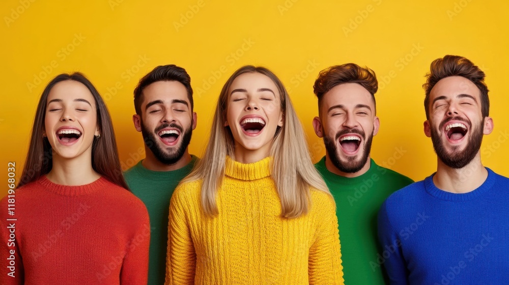Group of joyful friends laughing together in colorful sweaters against a bright yellow background Group of joyful friends laughing together in colorful sweaters against a bright yellow background