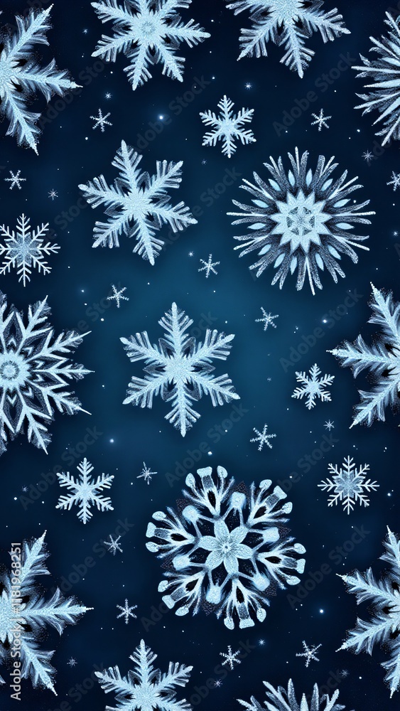 A seamless snowflake pattern with intricate designs and frosty textures. Symmetrical flakes vary in size over a gradient winter sky background, exuding a serene and magical icy charm. A seamless snowflake pattern with intricate designs and frosty textures. Symmetrical flakes vary in size over a gradient winter sky background, exuding a serene and magical icy charm.