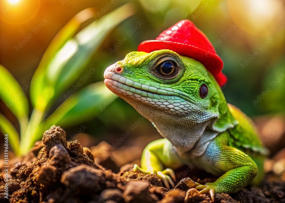 Fototapeta premium Playful Green Lizard in Red Cap Peeking from Soil - Whimsical Nature Stock Photo