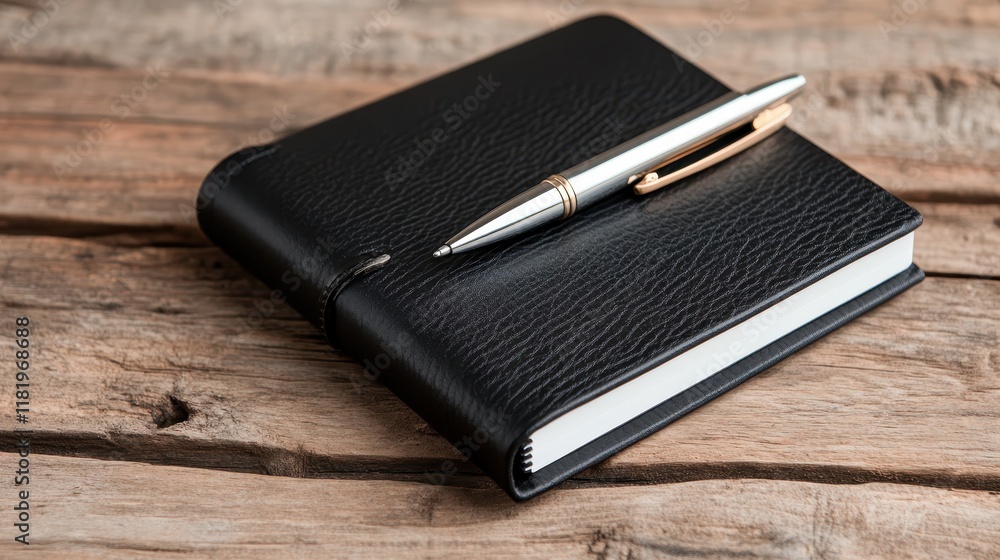 A sleek black leather notebook resting on rustic wood with a silver pen placed thoughtfully on top, representing elegance and sophistication in note-taking and journaling. A sleek black leather notebook resting on rustic wood with a silver pen placed thoughtfully on top, representing elegance and sophistication in note-taking and journaling.