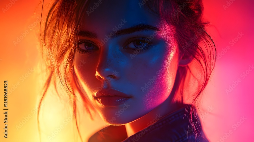 Mesmerizing digital portrait featuring a female model with a captivating gaze complimented by a vibrant color gradient and warm cinematic lighting that creates a moody Mesmerizing digital portrait featuring a female model with a captivating gaze complimented by a vibrant color gradient and warm cinematic lighting that creates a moody
