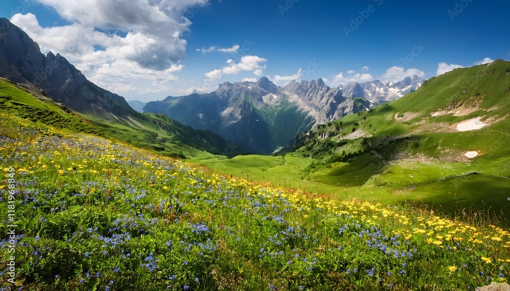 Fototapeta premium Alpine Meadow Landscape Wildflowers Mountains Summer Scenery
