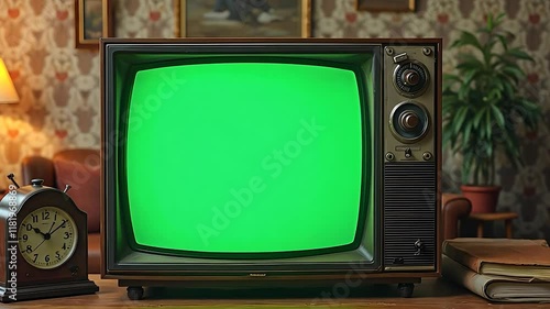 Vintage Television with Green Screen and Clock