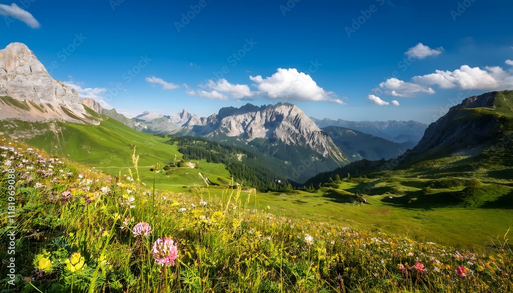 Fototapeta premium Majestic Alpine Meadow Landscape Summer Flowers Mountains Blue Sky