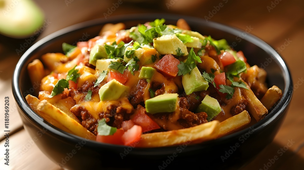 Delicious and Colorful Chili Cheese Fries with Fresh Avocado and Tomatoes for Sharing Delicious and Colorful Chili Cheese Fries with Fresh Avocado and Tomatoes for Sharing
