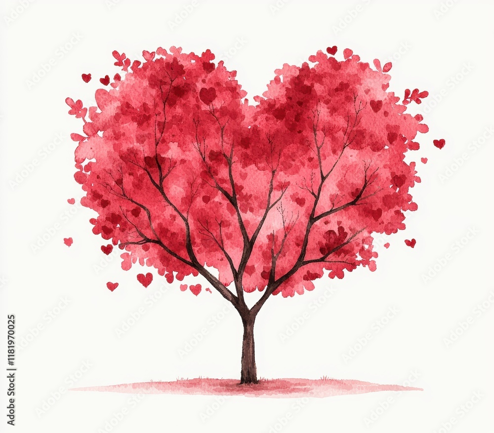 Fototapeta premium A beautiful red heart-shaped tree with branches filled with blossoms and leaves representing love and nature in different seasons.